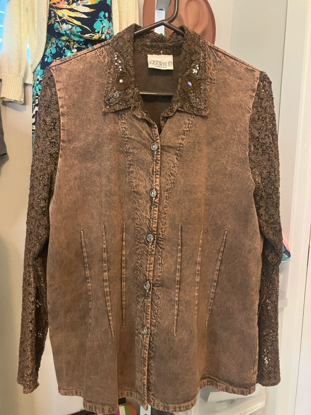 Vintage made in Italy Brown Washed Button-Down Jean Jacket with Lace Sleeves